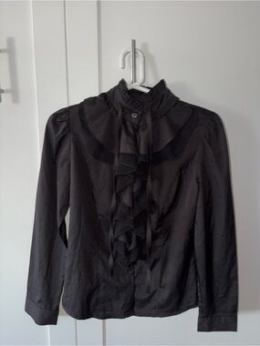 Black Ruffle Front Long-Sleeve Blouse